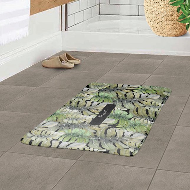 Alfombrilla De Baño Monogramado de la Palm Pastel Tropical Monstera (Subido por el creador)
