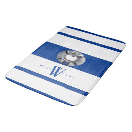 Alfombrilla De Baño Monogramado moderno en blanco y azul náutico