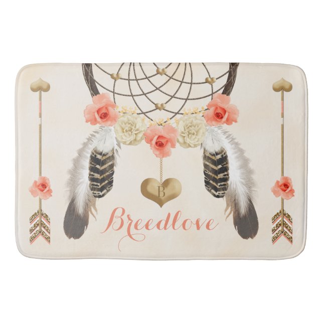 Alfombrilla De Baño Monogramed Coral y Gold Boho Dreamcatcher (Anverso)