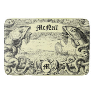 Alfombrilla De Baño Monstruo marino Nautical Steampunk Cartouche