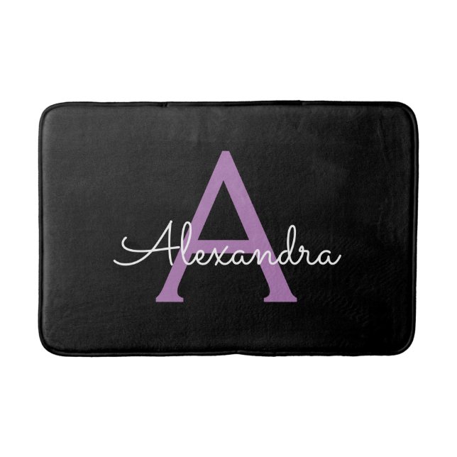 Alfombrilla De Baño Morado Black Script Girly Monograma Nombre (Anverso)