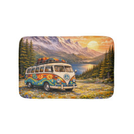 Alfombrilla De Baño Mountain Sunset Wildflowers Retro Hippie Van Life