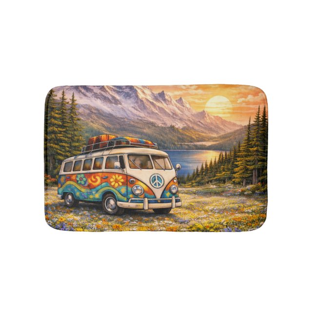 Alfombrilla De Baño Mountain Sunset Wildflowers Retro Hippie Van Life (Anverso)