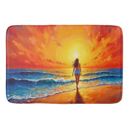 Alfombrilla De Baño Mujer caminando playa océano cálido sol