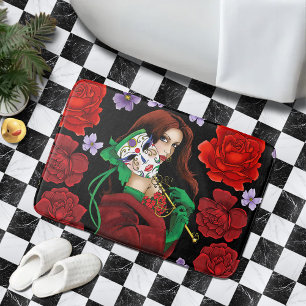 Alfombrilla De Baño Mujer Elegante Máscara Veneciana Rojo Verde