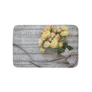 Alfombrilla De Baño Música de hojas antiguas con rosas amarillas