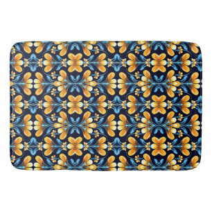 Alfombrilla De Baño Naranja Art Nouveau y floral azul