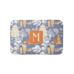 Alfombrilla De Baño Naranja Chinoiserie Pagodas Monograma