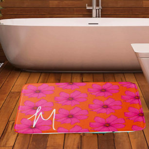 Alfombrilla De Baño Naranja colorido Floral rosa Monograma moderno