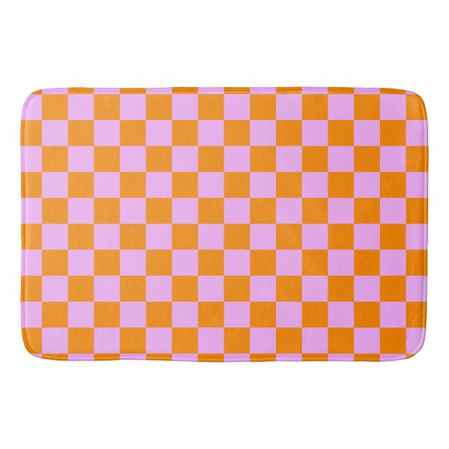 Alfombrilla De Baño Naranja + Patrón de tablero de cheques rosados (Anverso)