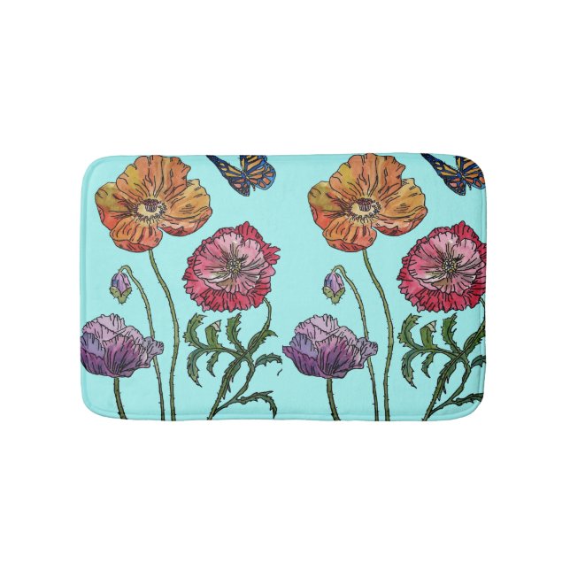 Alfombrilla De Baño Naranja Rojo Amarillo Poppies florales Bath Mat (Anverso)