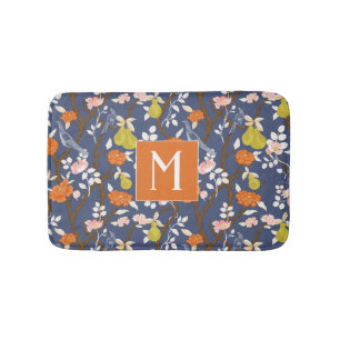 Alfombrilla De Baño Naranja y azul Chinoiserie Birds Monograma