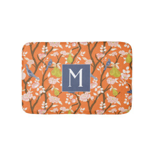 Alfombrilla De Baño Naranja y azul Chinoiserie Birds Monograma