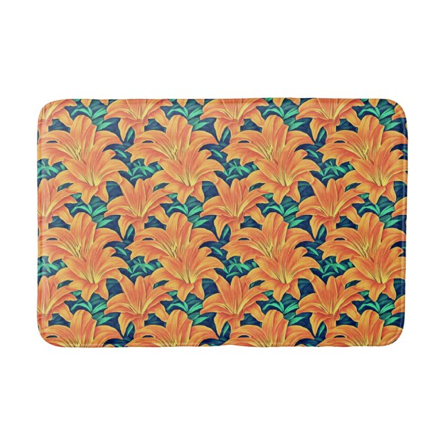 Alfombrilla De Baño Naranjas Day Lilis con hojas verdes (Anverso)