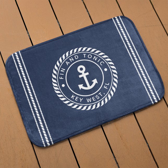 Alfombrilla De Baño Náutica y ancla blanca | Su nombre de barco (Subido por el creador)
