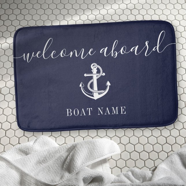 Alfombrilla De Baño Nautical Anchor Nombre Barco Naval Bienvenida Azul (Nautical Anchor Boat Name Navy Blue Welcome Aboard Bath Mat)