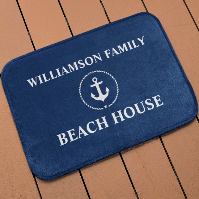 Alfombrilla De Baño Nautical Beach House Nombre de familia Anchor Nava (Customize to change text style or background color.)