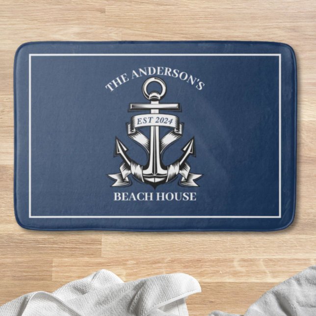 Alfombrilla De Baño Nautical Beach House Nombre Familia Est Barco Ancl (Nautical Beach House Family Name Est Ship Anchor Bath Mat)