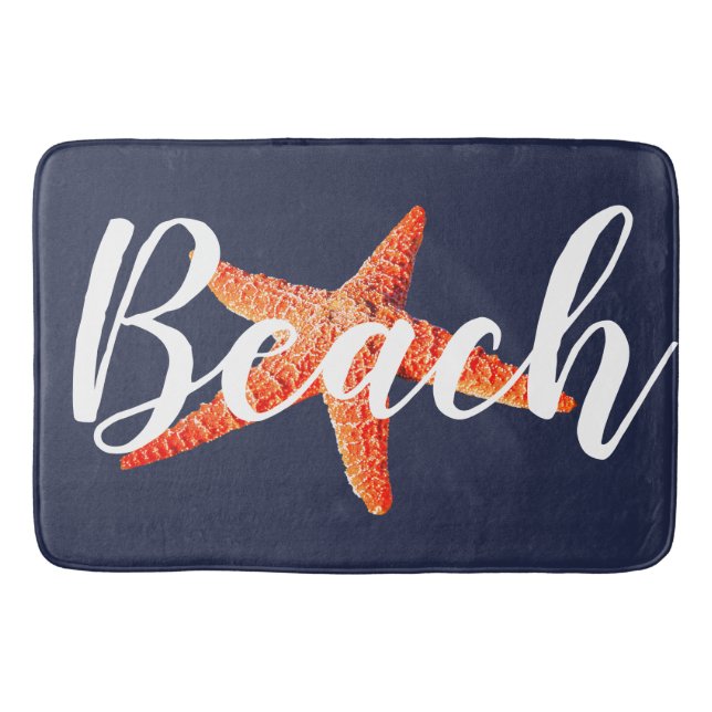 Alfombrilla De Baño Nautical Beach Script Red Starfish & Nave (Anverso)