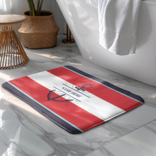 Alfombrilla De Baño Nautical Boat Anchor Naval Azul Blanco Rojo