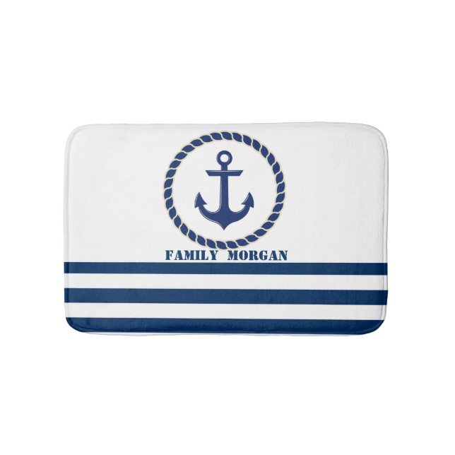 Alfombrilla De Baño Nautical Boat Name,Anchor Naval Blue Stried (Anverso)