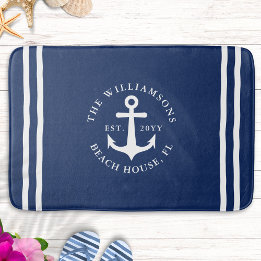 Alfombrilla De Baño Nautical Light Navy Blue Anchor Blanco Monogramado