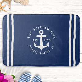 Alfombrilla De Baño Nautical Light Navy Blue Anchor Blanco Monogramado