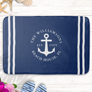 Alfombrilla De Baño Nautical Light Navy Blue Anchor Blanco Monogramado