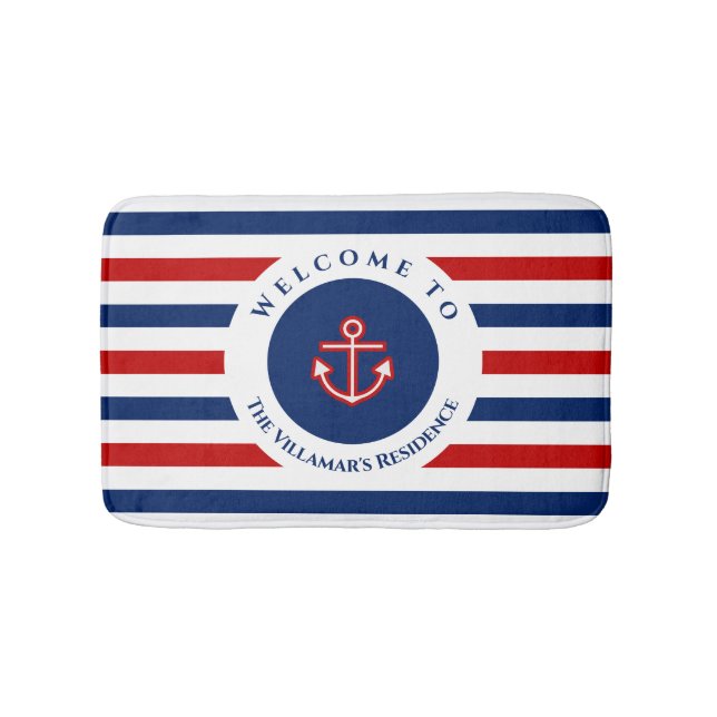 Alfombrilla De Baño Nautical Marine Navy Blue Red White Stripes (Anverso)