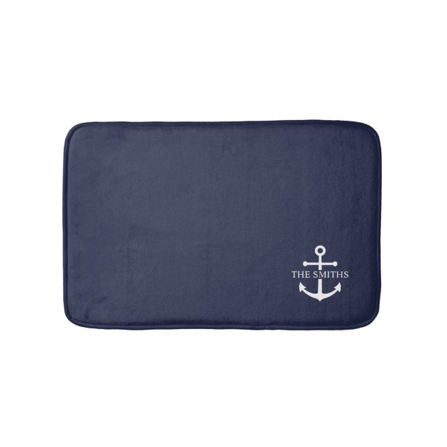 Alfombrilla De Baño Nautical Navy Blue Anchor Nombre de familia person (Anverso)