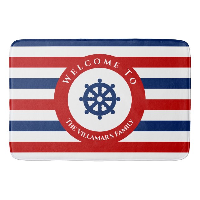 Alfombrilla De Baño Nautical Rudder Navy Blue Red White Stripes (Anverso)