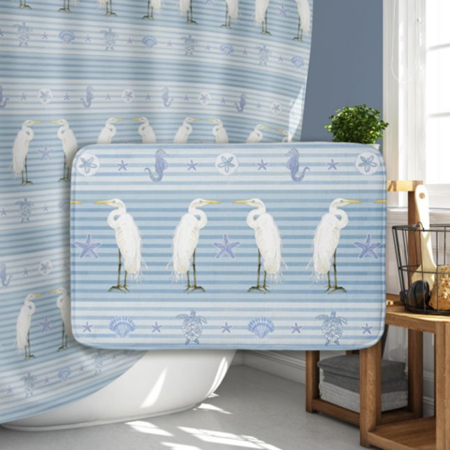 Alfombrilla De Baño Nautical Sea Turtle Seahorse n Egret Blue Stripe (Subido por el creador)