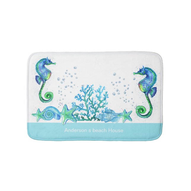 Alfombrilla De Baño Nautical Seahorse Personalizado Verde azulada Aqua (Anverso)