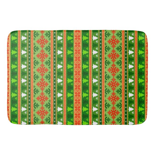 ALFOMBRILLA DE BAÑO NAVIDAD ÁRBOL VERDE ORNAMENTOS ROJOS BLANCOS (Anverso)