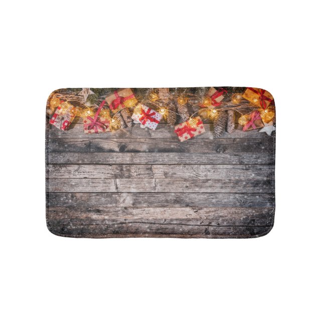 Alfombrilla De Baño Navidades de fondo rústico, tablas de madera. (Anverso)