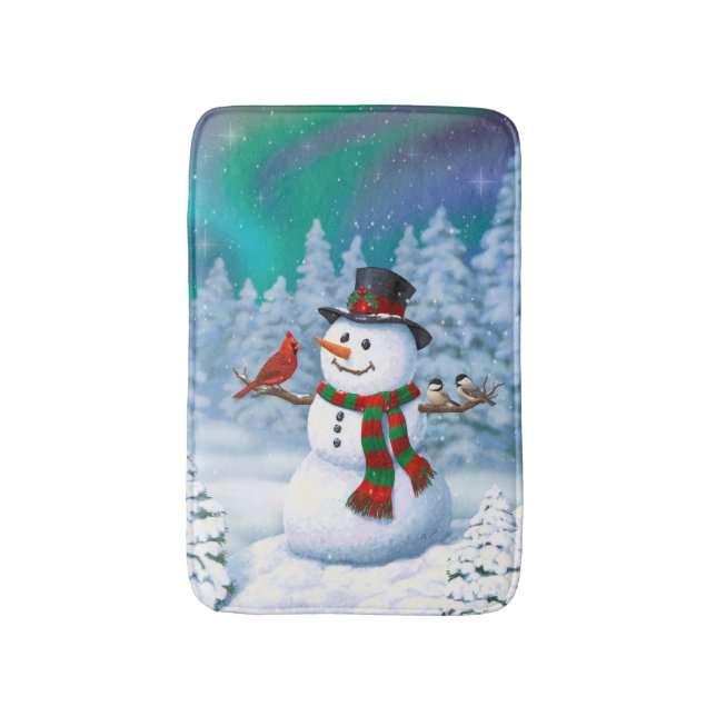 Alfombrilla De Baño Navidades felices Snowman y Birds Winter Scene (Frente vertical)