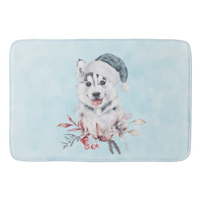 Alfombrilla De Baño Navidades Husky Dog en Santa Hat (Anverso)