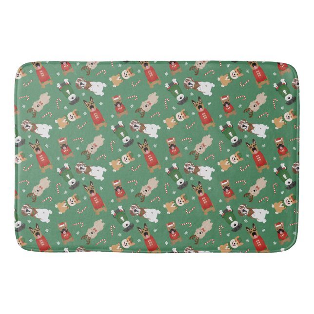 Alfombrilla De Baño Navidades Patrón de perros Rojo Verde (Anverso)