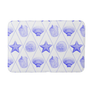 Alfombrilla De Baño Navy Blue Coastal Seashells Starfish