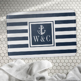 Alfombrilla De Baño Navy Blue Stripe Monograma Iniciales Anclaje Náuti
