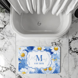 Alfombrilla De Baño Navy Blue Watercolor Daisy Monogram Decor