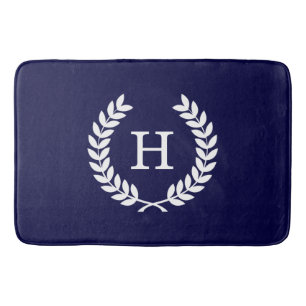Alfombrilla De Baño Navy Blue Wheat Laurel Wreath Monograma inicial
