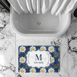 Alfombrilla De Baño Navy Daisy Gingham Monogram Decor