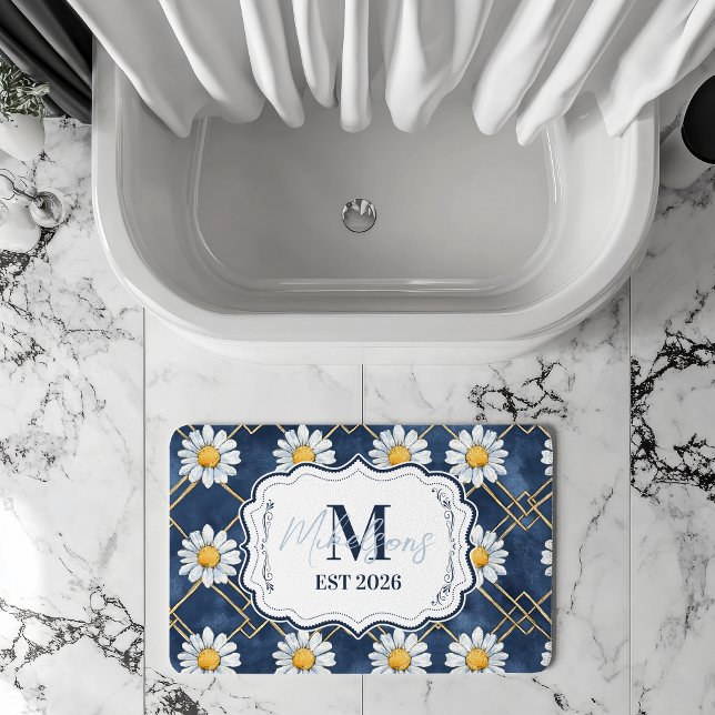 Alfombrilla De Baño Navy Daisy Gingham Monogram Decor (Subido por el creador)