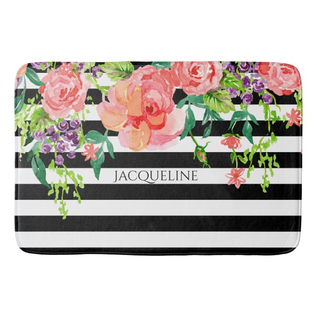 Alfombrilla De Baño Negro floral moderno de la raya del cuarto de baño (Anverso)