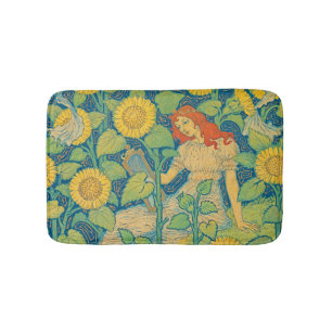 Alfombrilla De Baño Niña flor en jardín de girasol