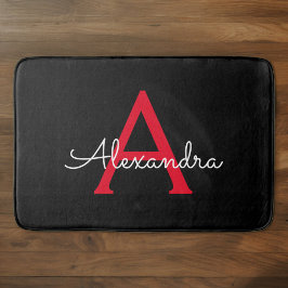 Alfombrilla De Baño Nombra de monograma de guión negro rojo