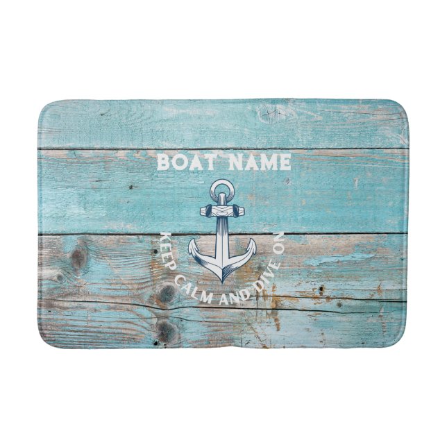 Alfombrilla De Baño Nombre de barco náutico ancla madera rústica (Anverso)