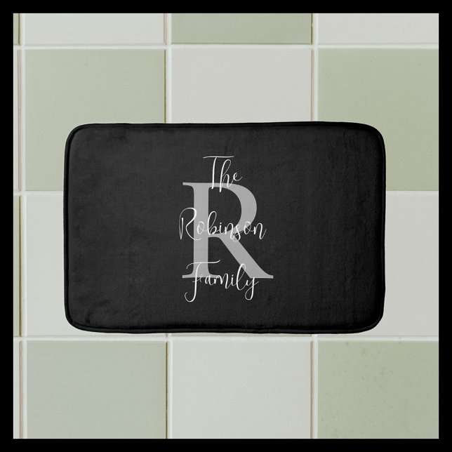 Alfombrilla De Baño Nombre de familia gris blanco negro clásico monogr (Subido por el creador)