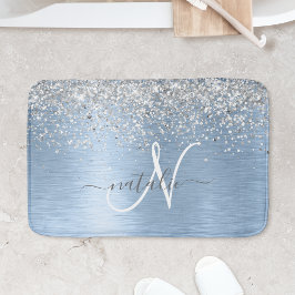Alfombrilla De Baño Nombre de monograma de metal cepillado azul con br